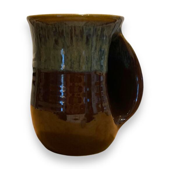 Hand Thrown Clay Blue Tan Brown Glazed Hand Warmer Tea Cup Coffee Mug Fall - Picture 4 of 15